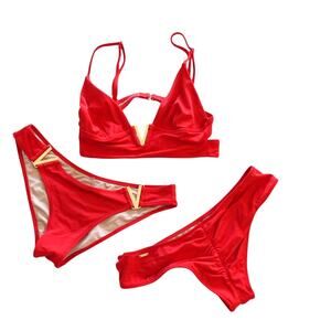 Victoria Secret Cheeky Red / gold V \ Bralette Bikini \ 3pc Bathing suit